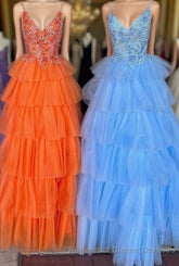 Multi-Tiered Lace Beaded V-Neck Long Semi Formal Prom Dress